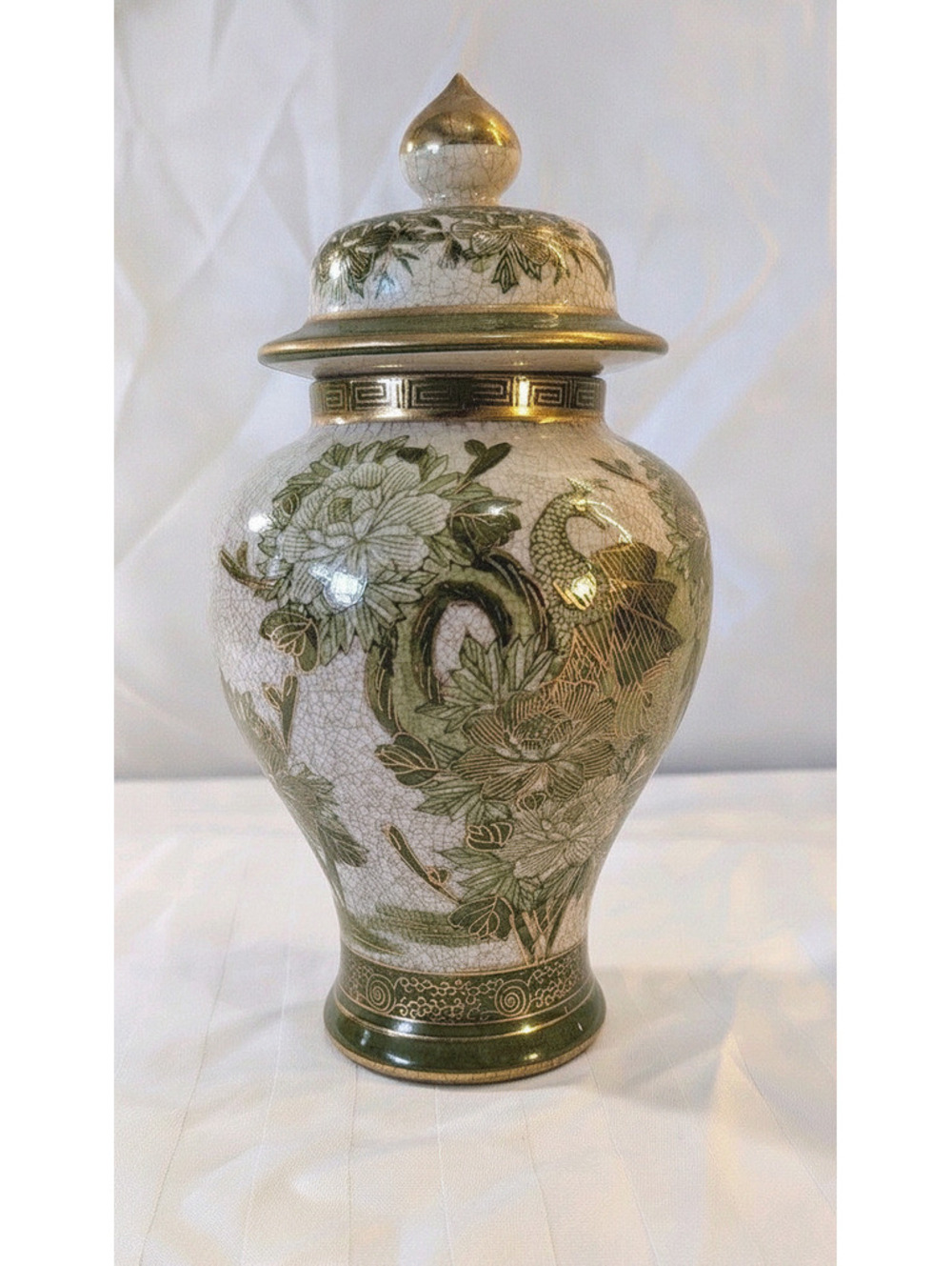 Vintage Japanese Kutani Crackle Glaze Ginger Jar Green Peony Peacock Gold Trim
